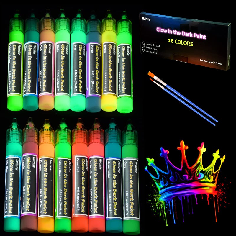 Roizefar Fabric Paint, 16 Colors Glow in the Dark Paint, 3D Permanent Acrylic Textile Paint (20 ml/0.68 oz), Neon Craft Painting Fabric Paint for Clothes, Canvas, T-Shirt, Ideal for Art Supplies and - Image 1